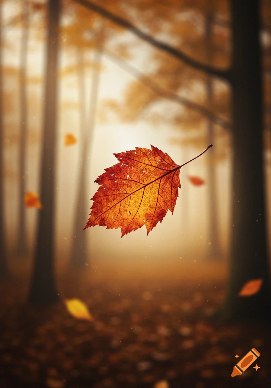 A vibrant orange autumn leaf floats in a misty, sunlit forest with blurred trees and scattered fallen leaves on the ground.