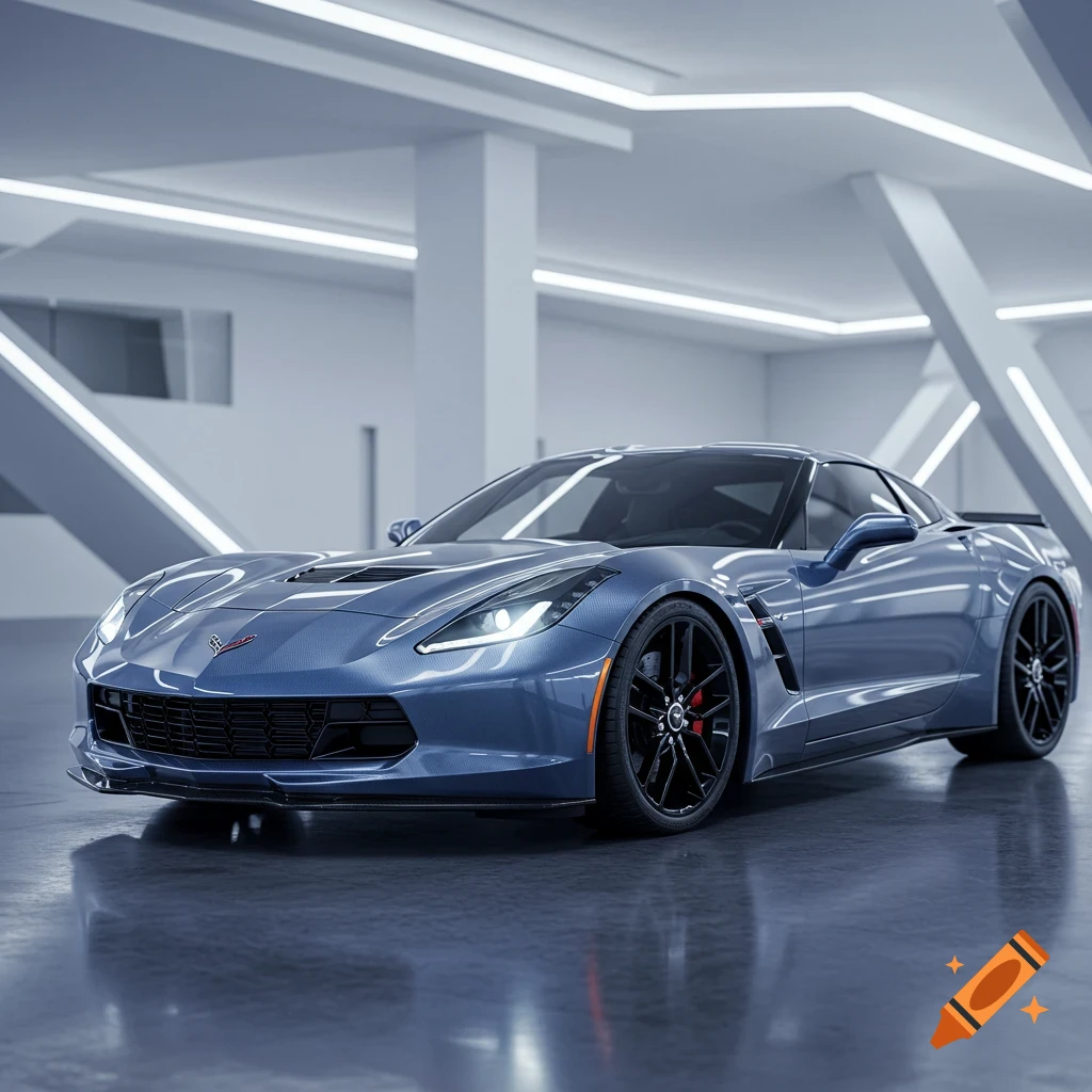 A blue Corvette with carbon fiber accents is parked in a sleek, modern showroom with bright white lighting.