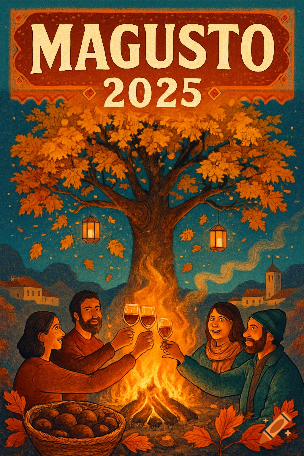 A folksy art poster for "Magusto 2025" shows four people toasting around a bonfire under an autumn tree with falling leaves and chestnuts.