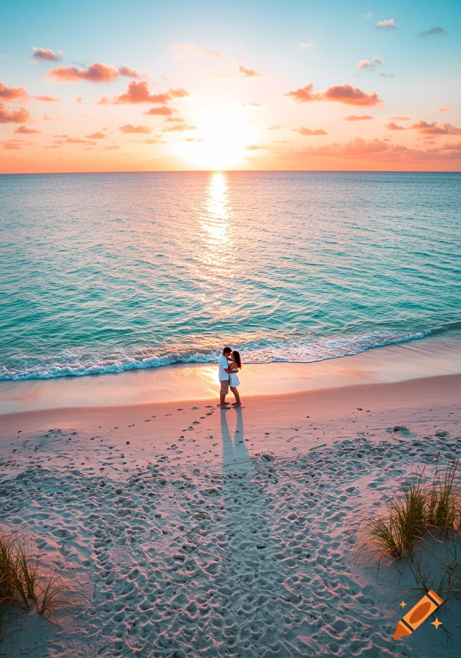 A couple hugging on a sandy beach at sunset, with the ocean reflecting the bright sun.