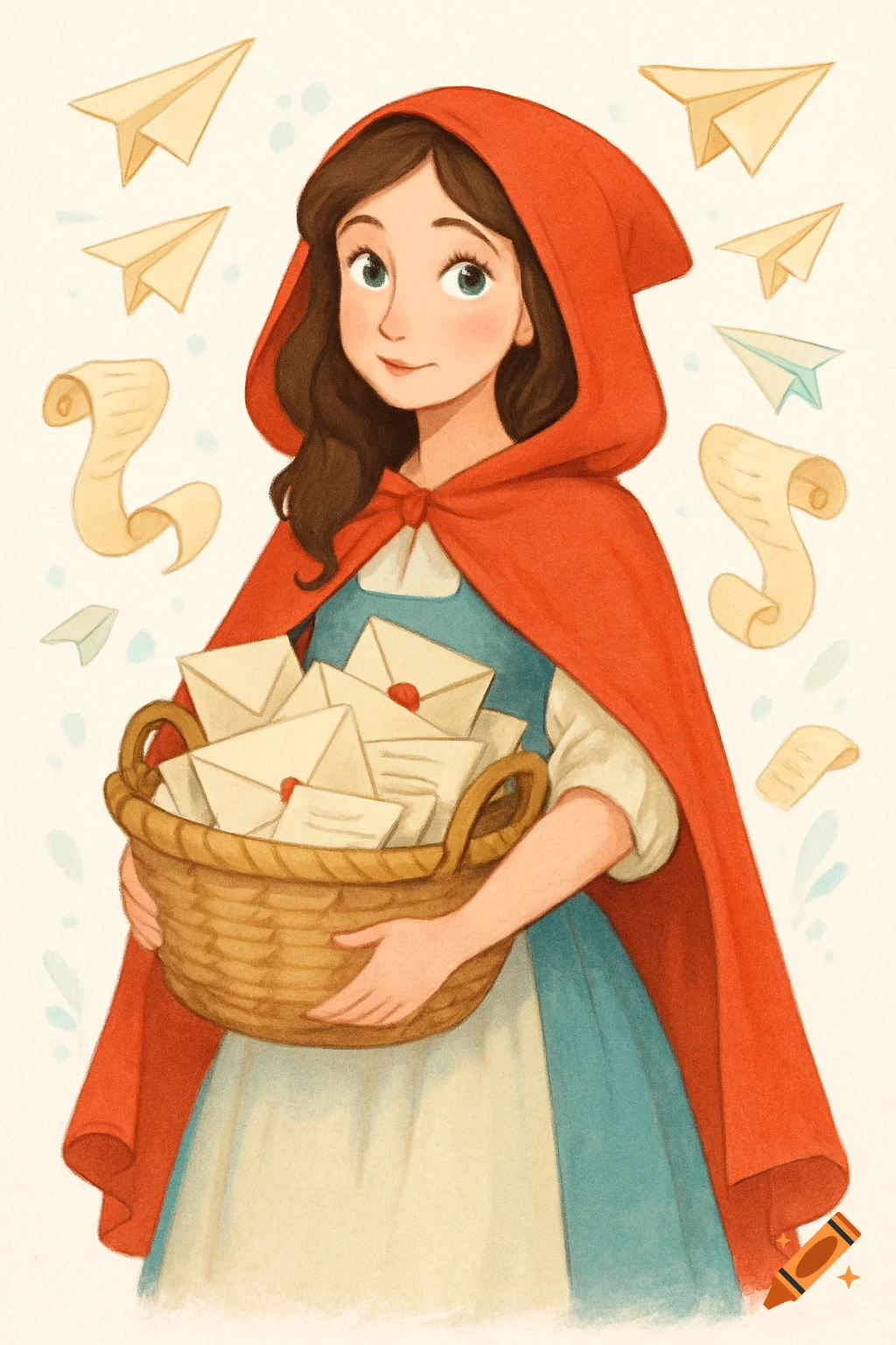 A fairy tale illustration of a girl resembling Little Red Riding Hood holding a basket of letters, with paper airplanes and scrolls floating around her.