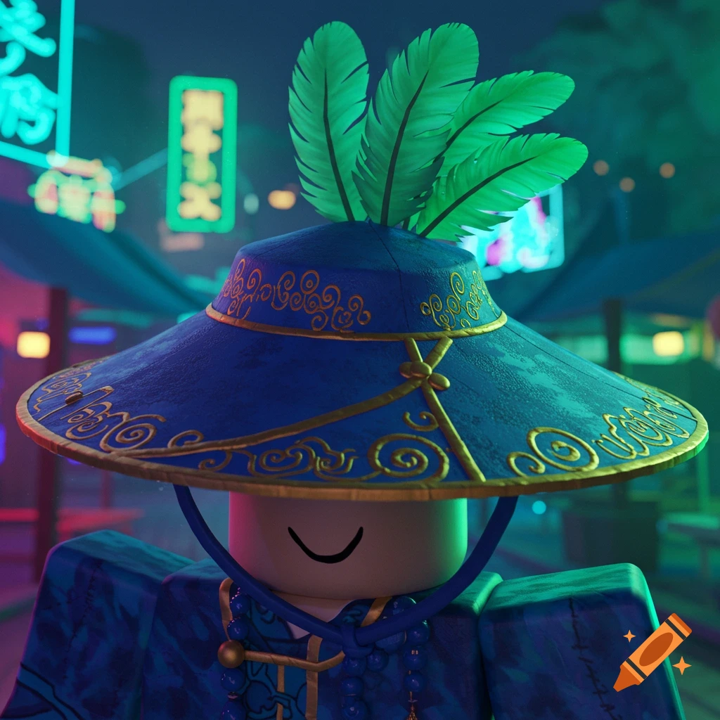 Roblox character in a blue ornate hat with green feathers, glowing against a neon city at night.