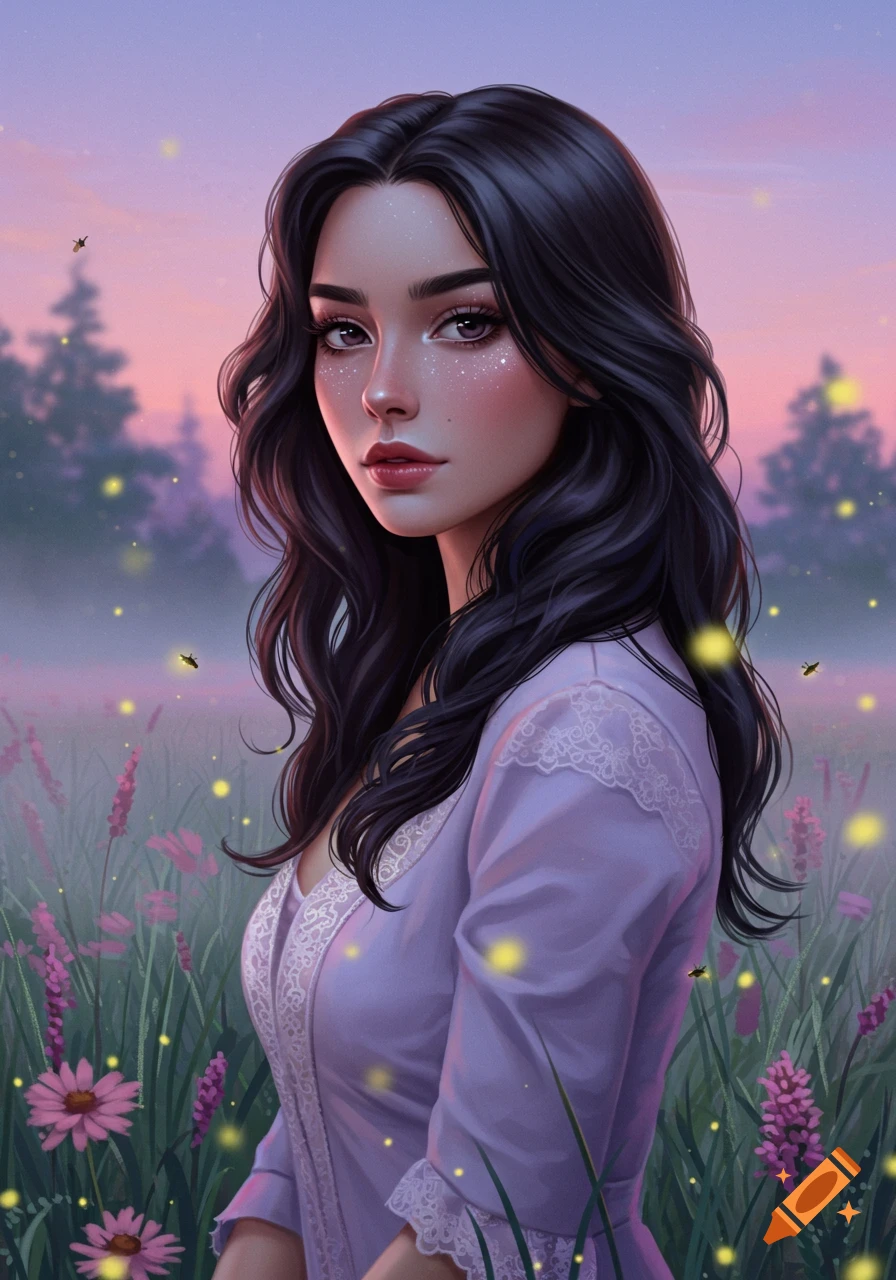 Digital portrait of a dark-haired woman in a lavender dress, standing in a field with fireflies and purple flowers at sunset.