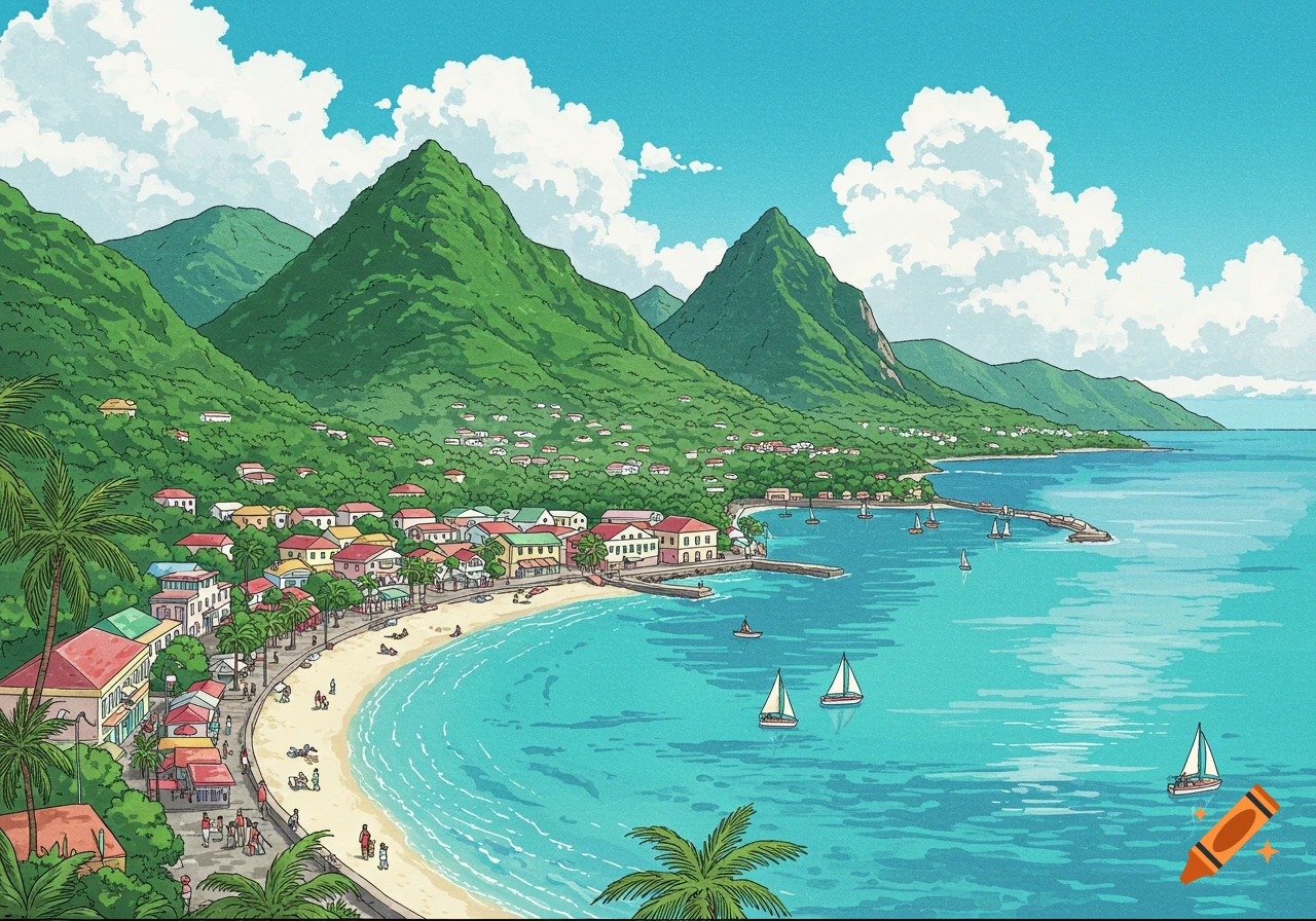 Manga-style illustration of a vibrant coastal town nestled between lush green mountains and a turquoise bay with sailboats.