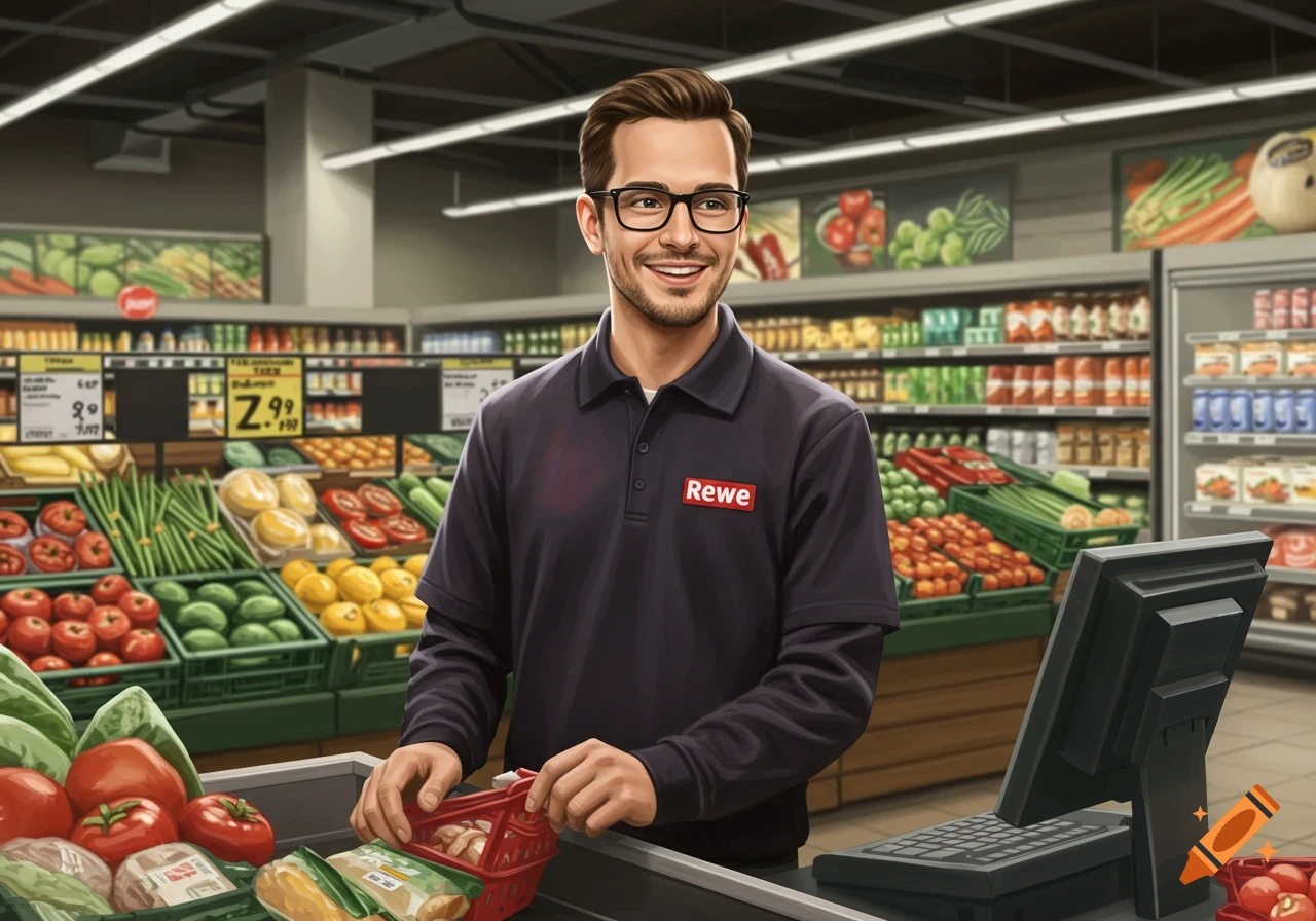 A smiling male Rewe supermarket employee with glasses and a beard stands at a checkout counter in a produce aisle, an illustration.