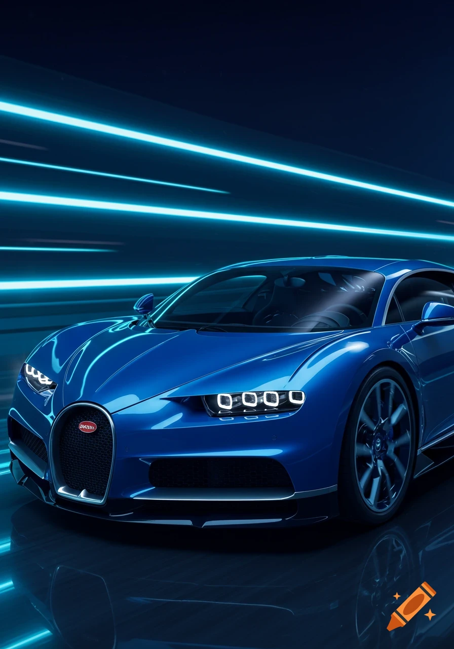 A photorealistic blue Bugatti sports car in a dark tunnel with glowing blue light trails.