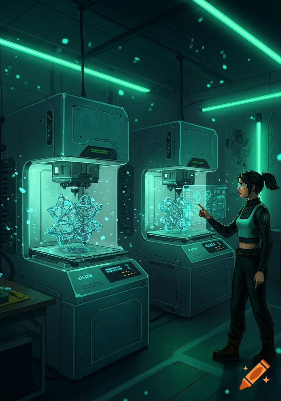 A woman in a futuristic lab examines glowing molecular structures in quantum 3D printers, digital art.