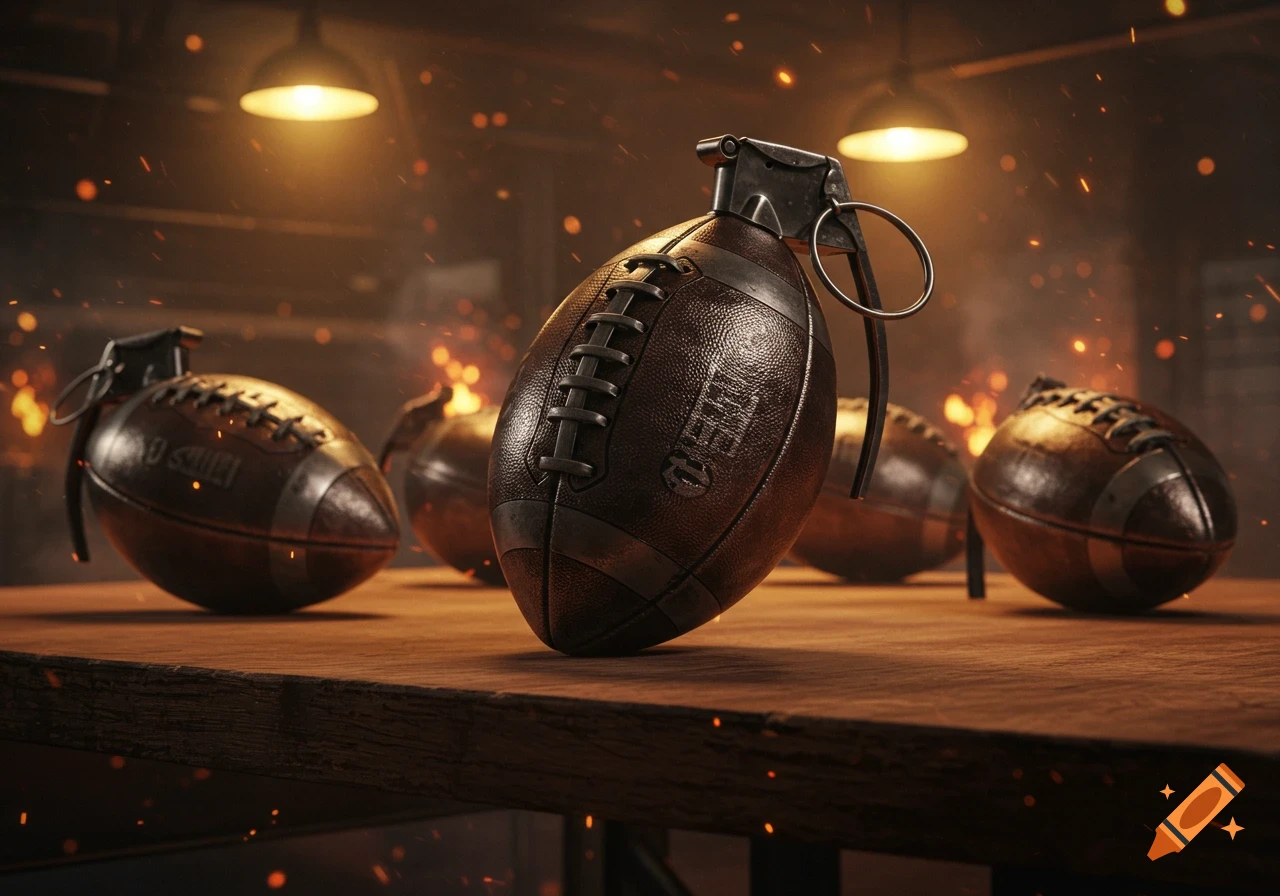 Several footballs with grenade pins and levers sit on a wooden table, surrounded by sparks in a dark, moody room.