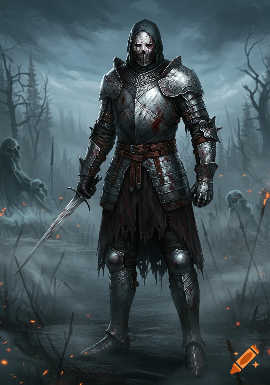 A dark fantasy figure in blood-splattered medieval armor and a skull mask, holding a sword in a misty, eerie forest with spectral forms.