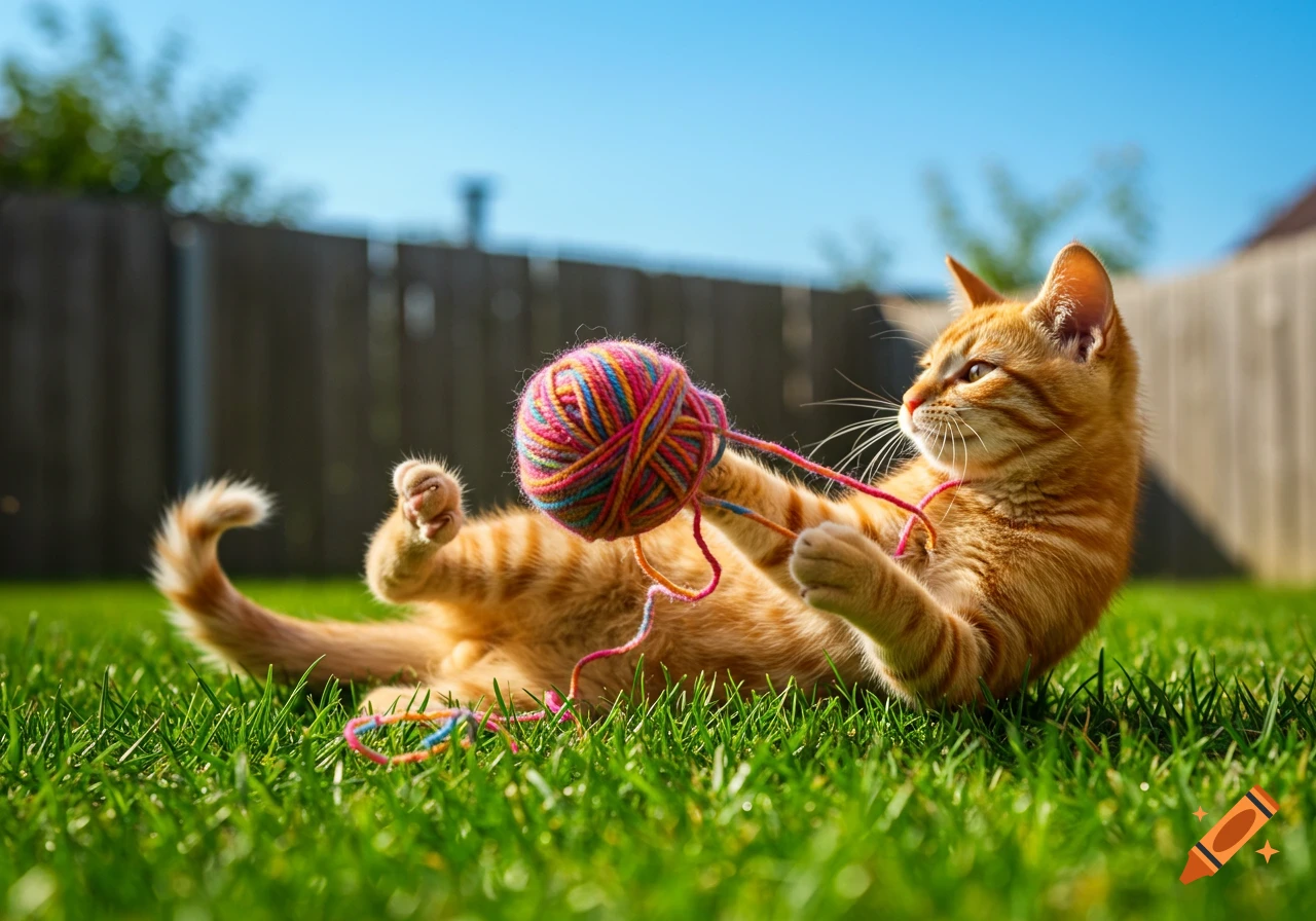 An orange tabby kitten lies on green grass, playfully batting at a colorful ball of yarn under a bright blue sky.