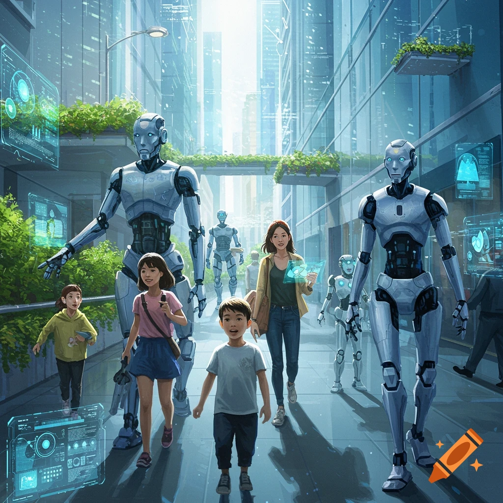 A family walks with several large robots down a bright, futuristic city street filled with tall buildings and holographic displays.