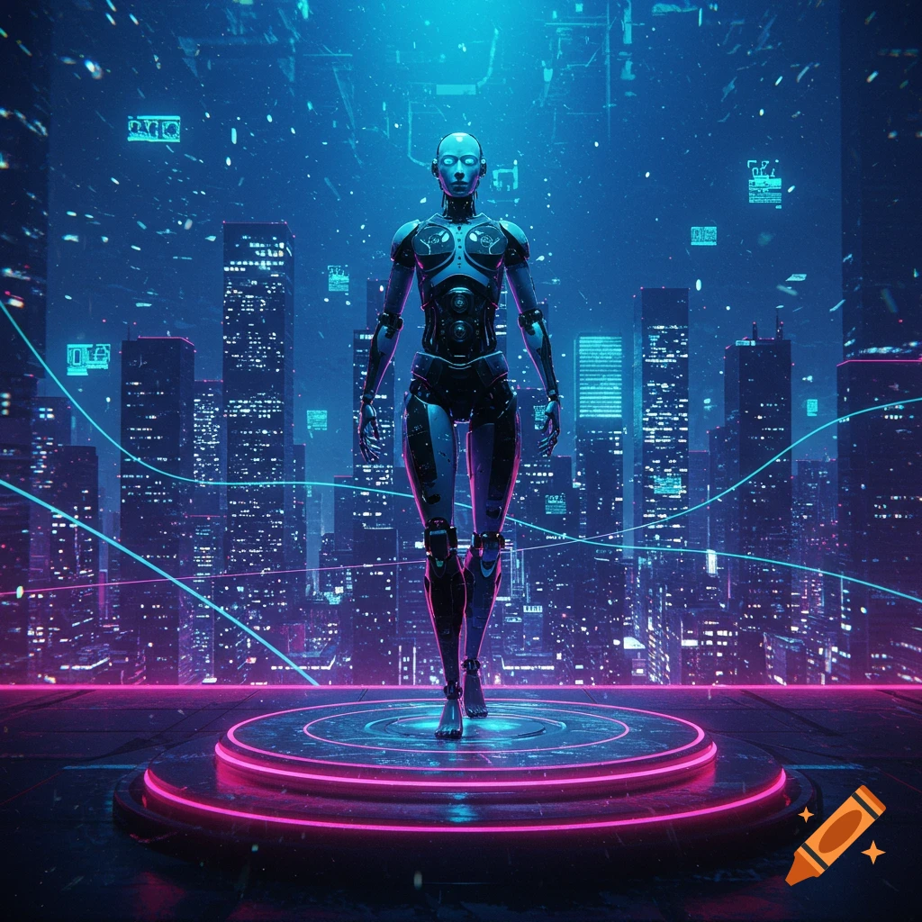 A metallic robot with glowing blue eyes walks on a circular pink platform in a neon-lit futuristic city, with abstract data floating.