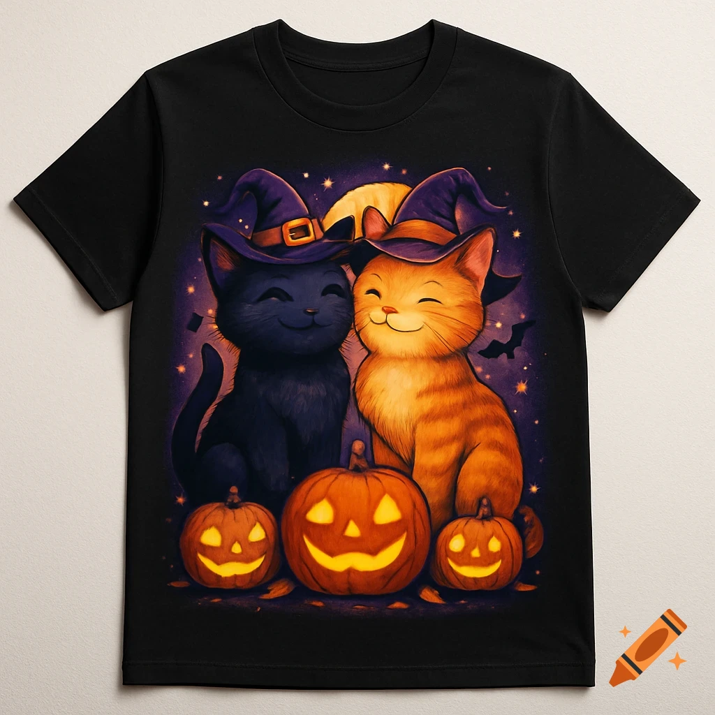 Two cute cartoon cats, one black and one orange, wearing witch hats with jack-o'-lanterns on a Halloween graphic tee.