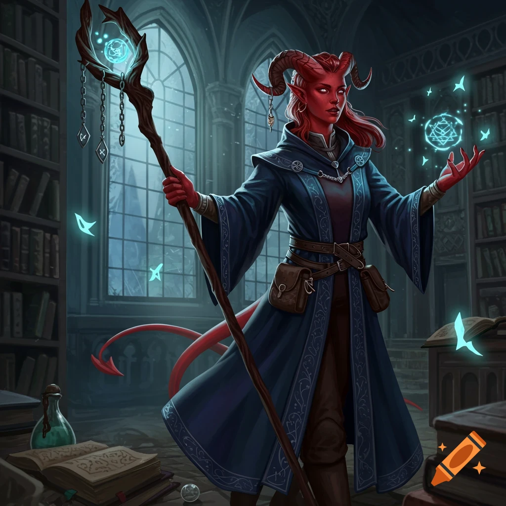 Red-skinned tiefling sorcerer in a blue robe, holding a staff and casting magic in a dimly lit library.