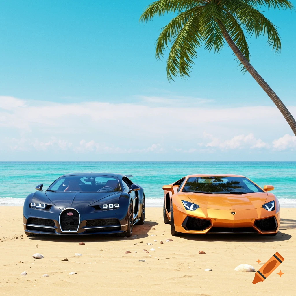 A photorealistic image of a black Bugatti and an orange Lamborghini parked on a sandy beach with a palm tree, ocean, and blue sky.