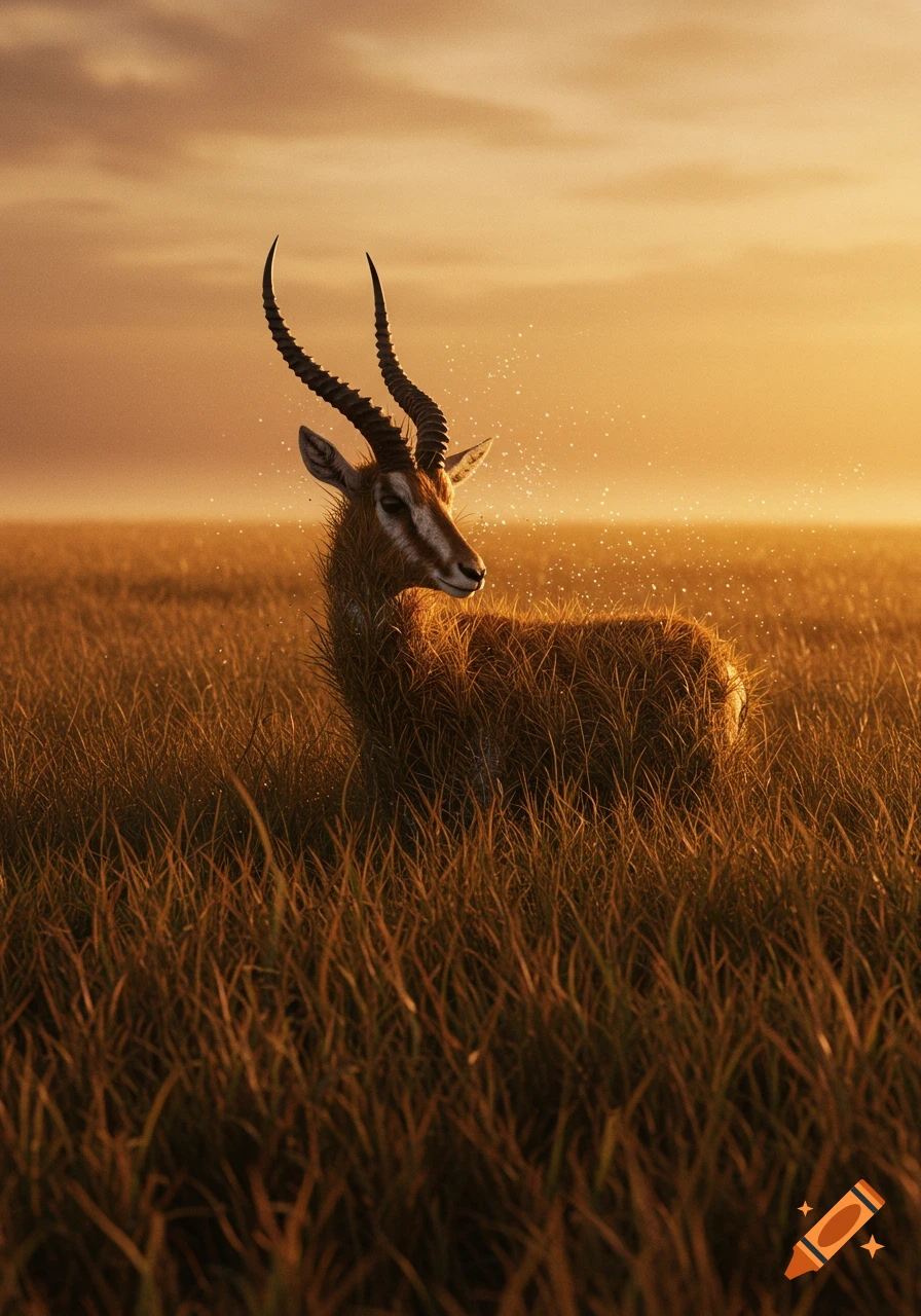 A majestic antelope stands in tall, golden grass at sunset, with light dust sparkling in the air.