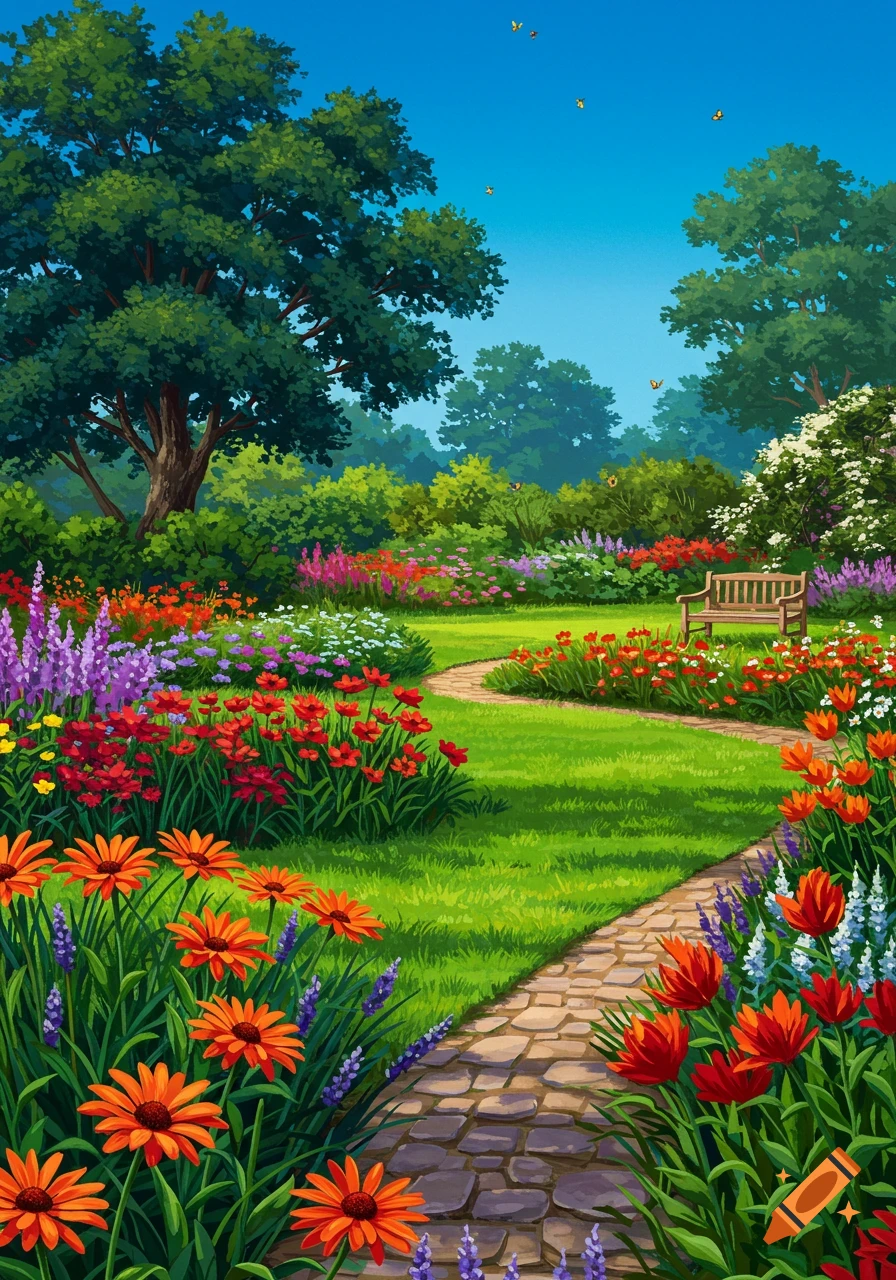 A vibrant illustration of a lush garden with a winding stone path, colorful flowers, green trees, and blue sky.