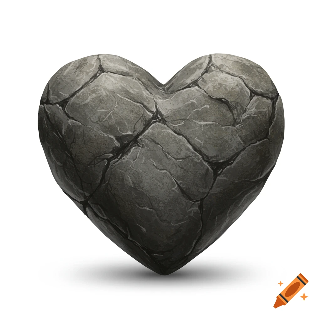A heart-shaped stone, cracked and textured, on a white background.