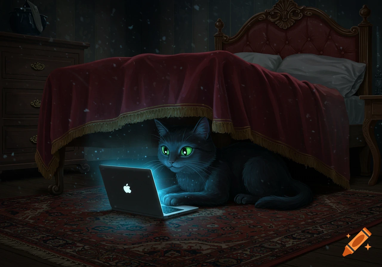 A black cat with glowing green eyes uses a glowing laptop under a red bedspread in a dark, snowy room, digital art.