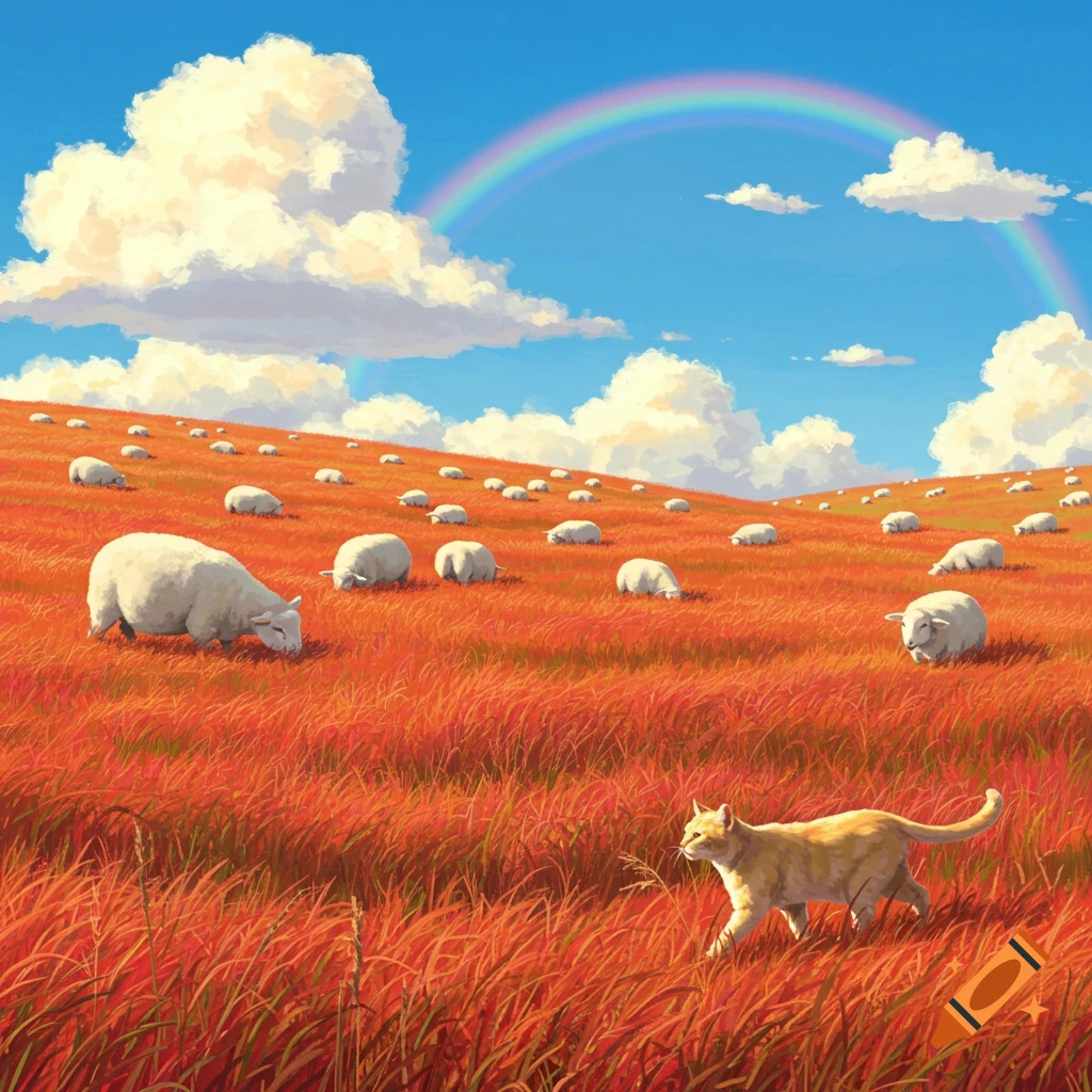 A vibrant landscape with a yellow cat and white sheep in a field of red grass under a blue sky with clouds and a rainbow.