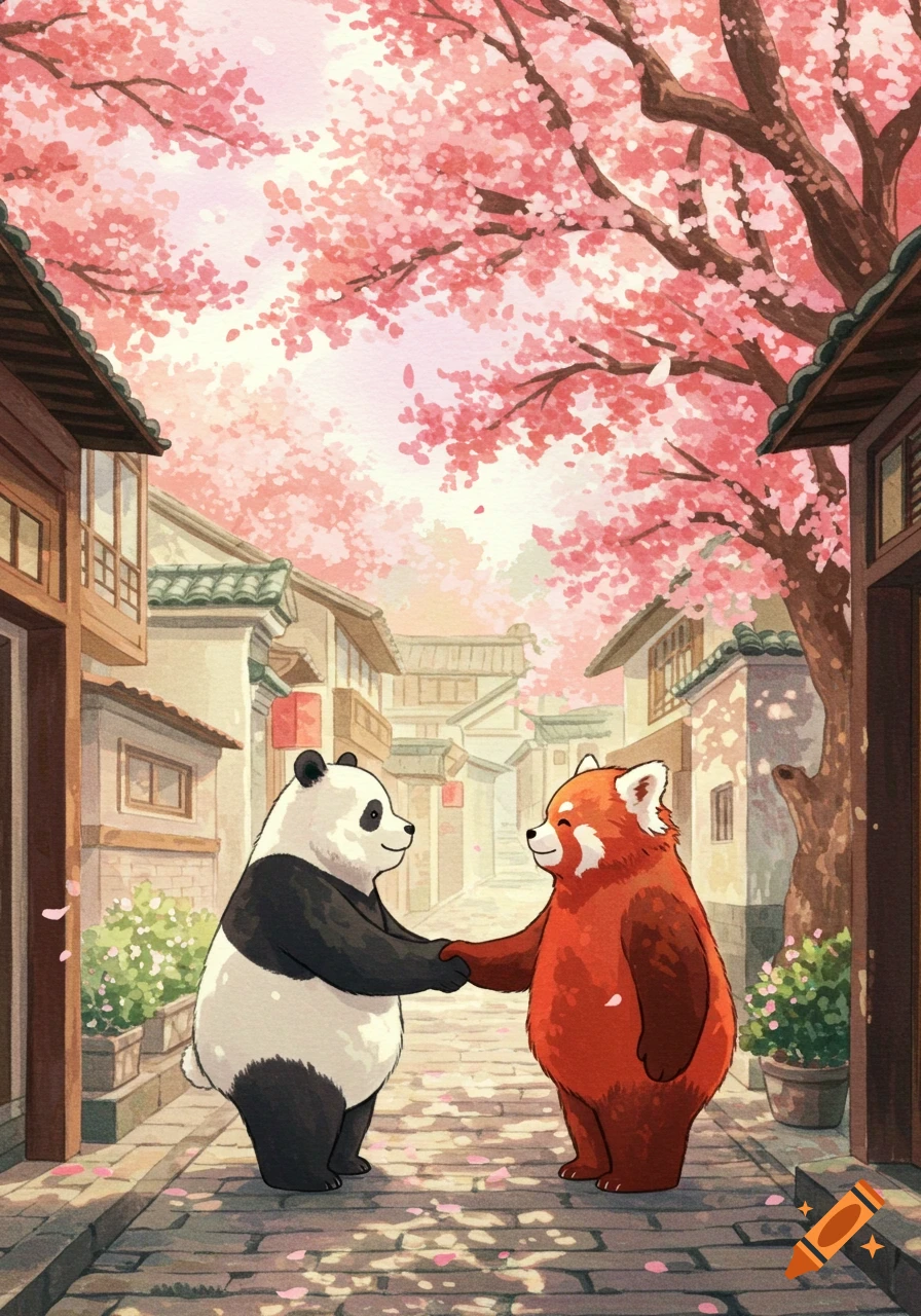 A giant panda and a red panda shake hands in a cherry blossom-filled traditional Chinese street, in a Hayao Miyazaki-style illustration.