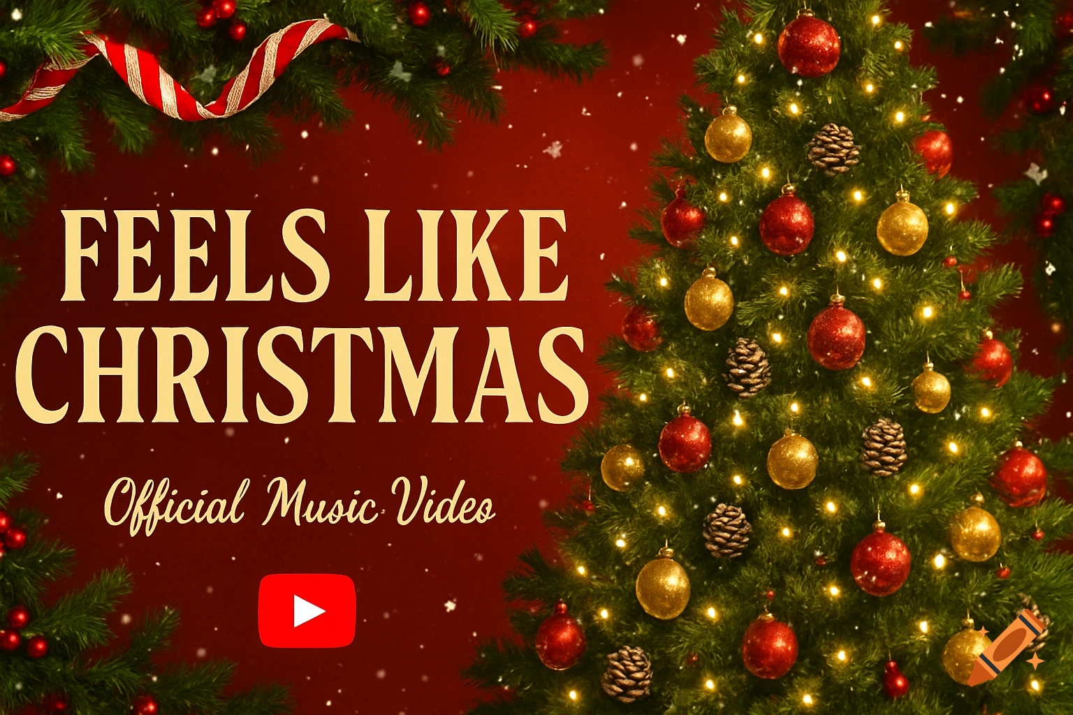 A festive Christmas background with a decorated Christmas tree, falling snow, and the text 'Feels Like Christmas Official Music Video' with a YouTube logo.
