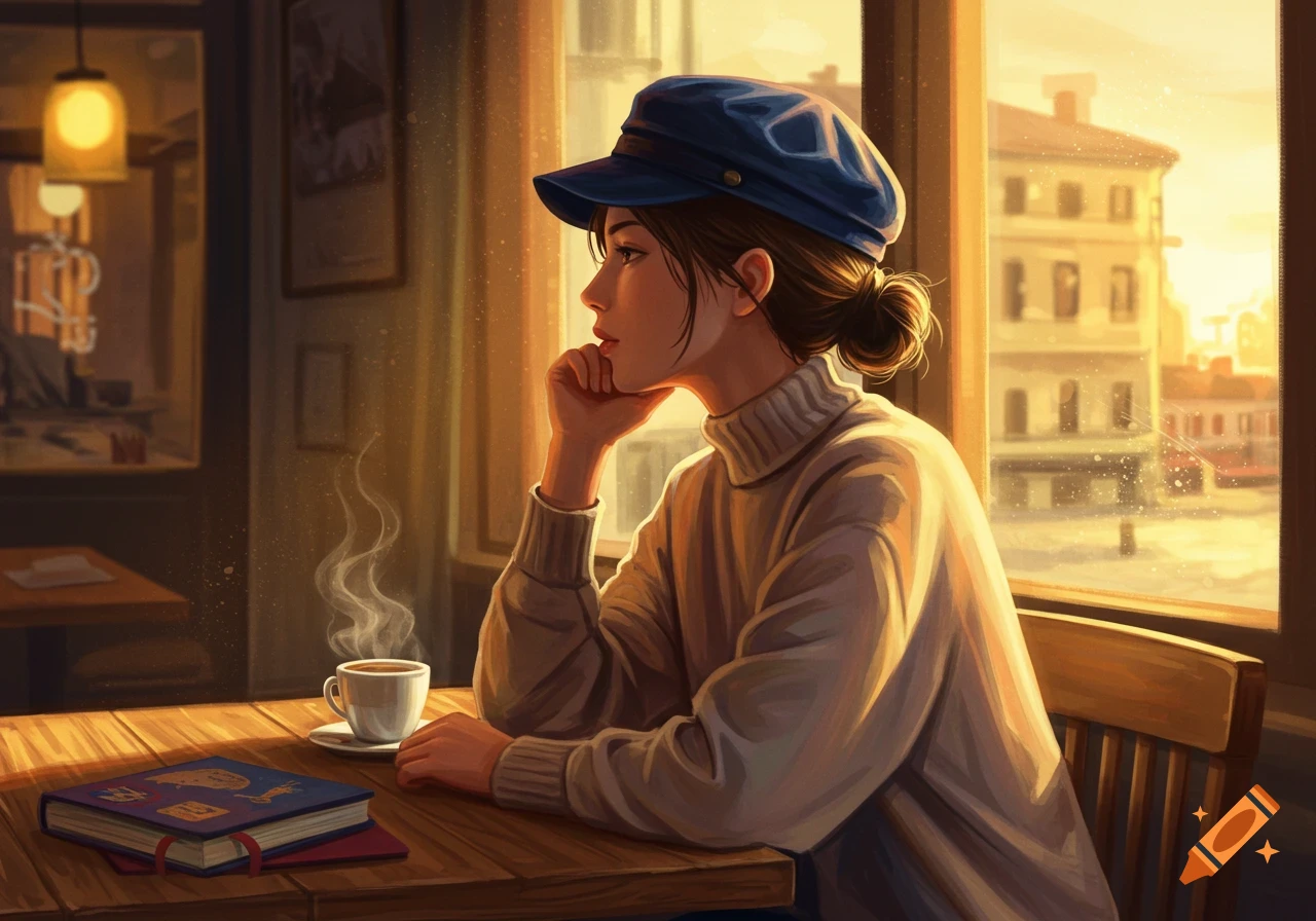 Digital painting of a woman in a blue cap and a white sweater, looking out a cafe window with a cup of coffee and a book on the table.