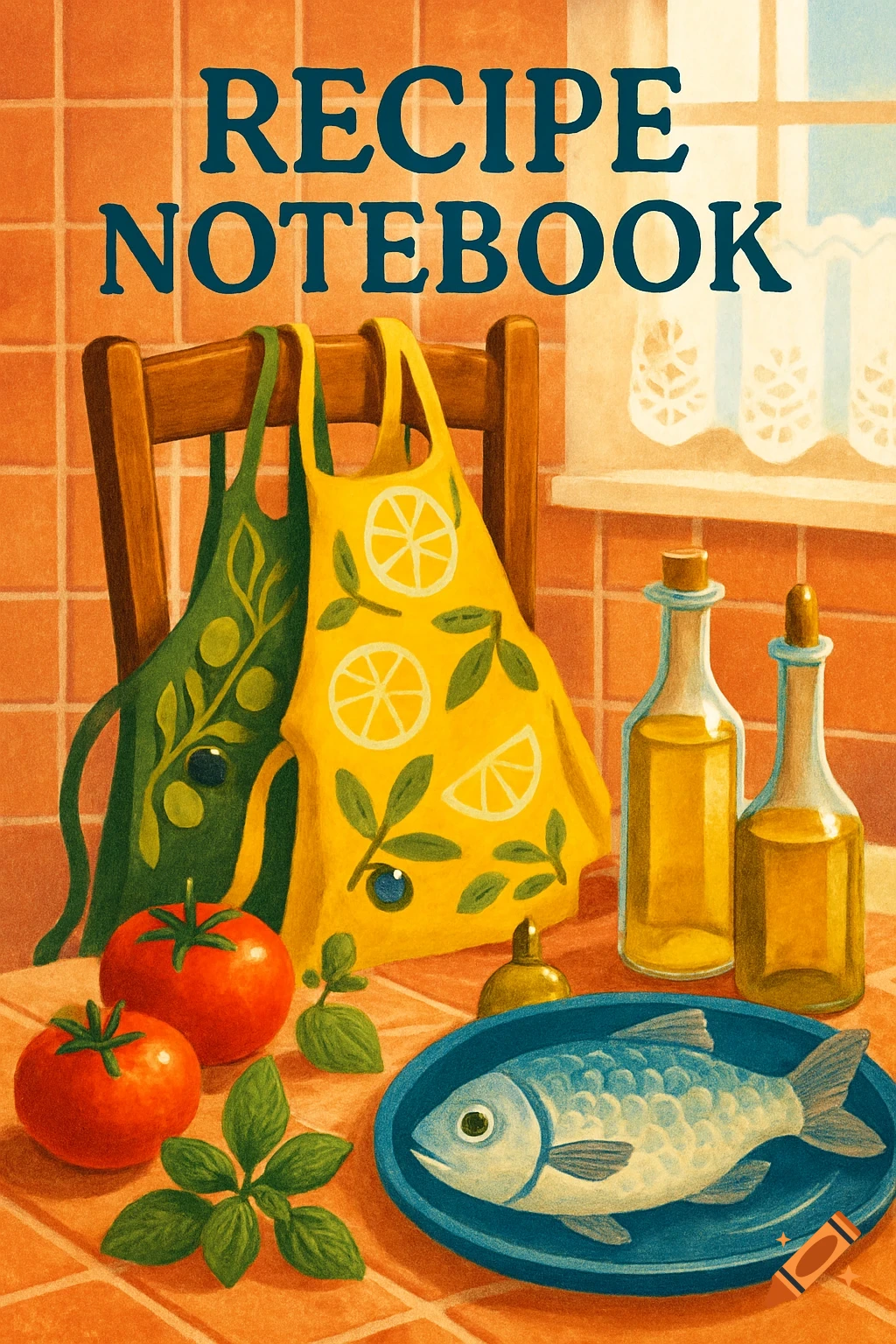Stylized painting of a recipe notebook cover with two aprons, tomatoes, basil, olive oil, and a fish on a plate.