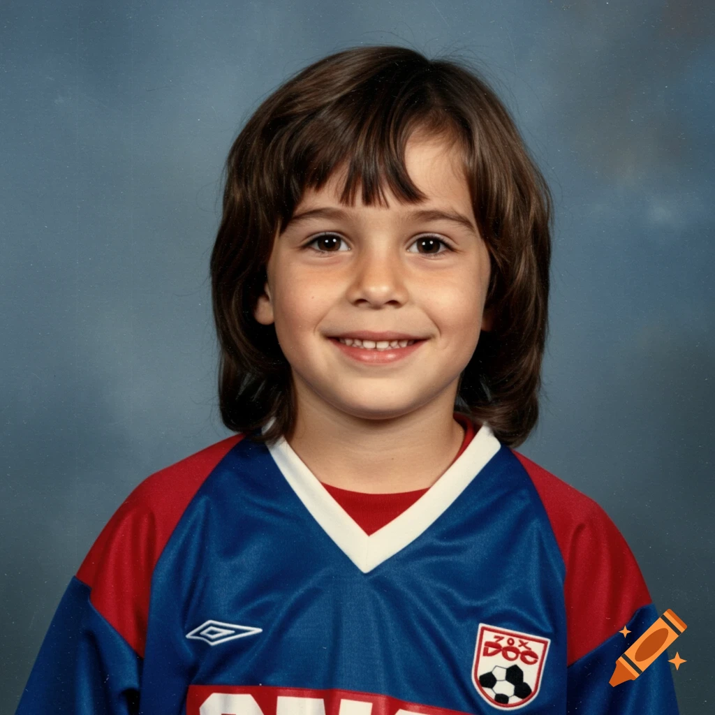 A smiling young child with shoulder-length brown hair in a blue and red soccer jersey, against a blue background.
