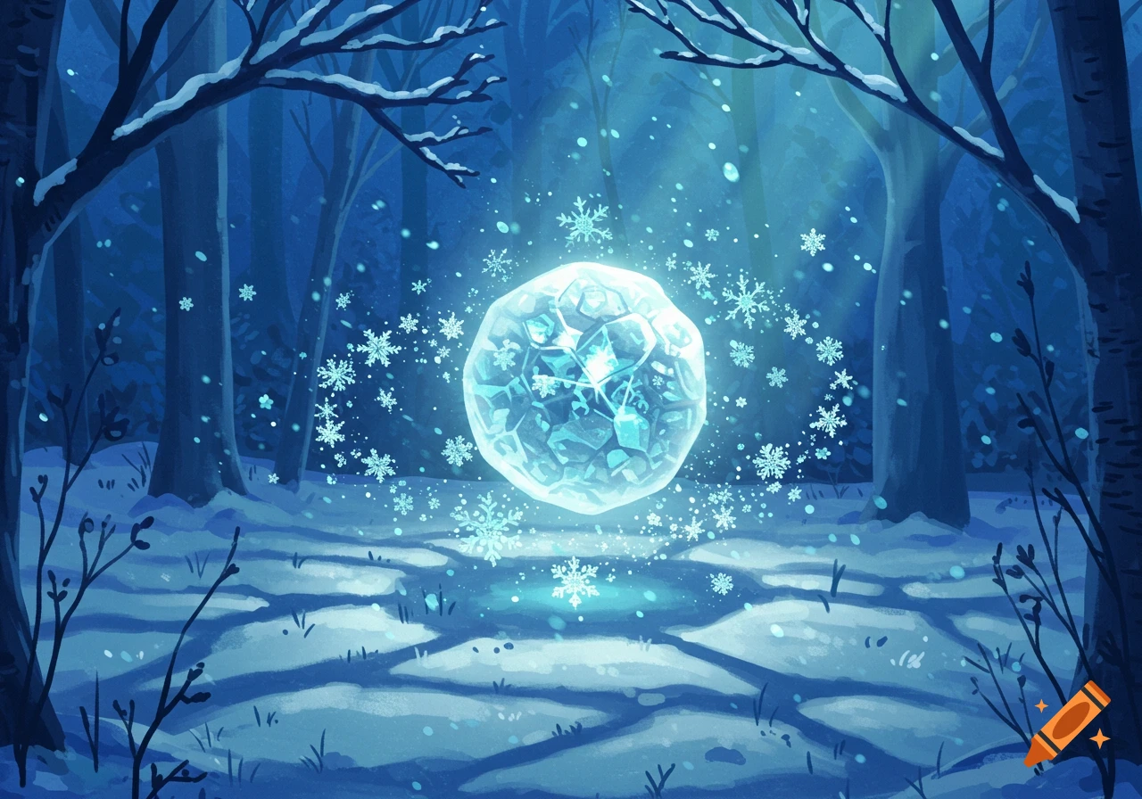 A glowing, multifaceted ice orb floats amidst falling snowflakes in a dark, snow-covered anime forest, illuminated by moonlight.