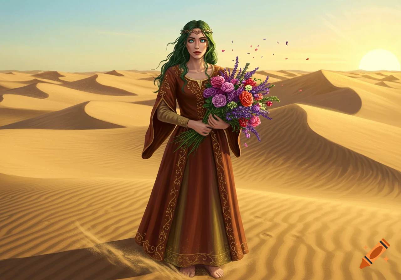 A green-haired woman in a medieval dress holds a large bouquet of colorful flowers in a vast desert landscape at sunset, digital painting.