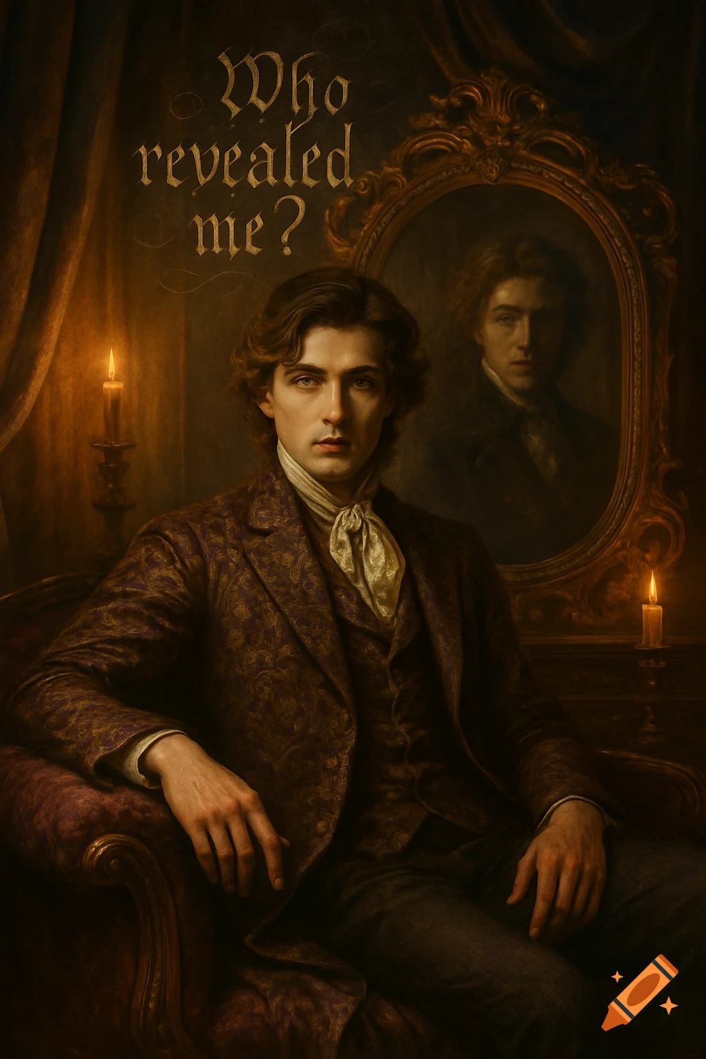 A classical portrait painting of a young man with curly brown hair in a patterned historical suit, seated by candlelight, with his reflection in a gilded mirror and the text "Who revealed me?" above him.