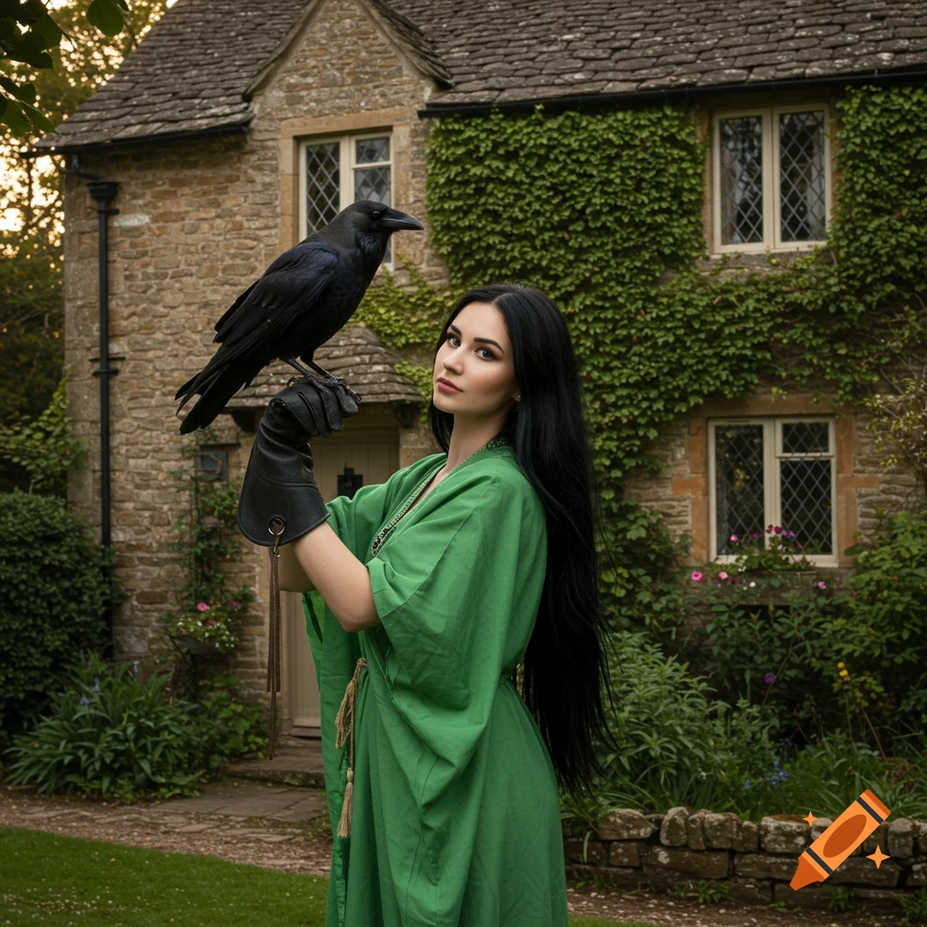 A woman with long black hair wearing a green dress holds a black raven on her gloved hand in front of an ivy-covered stone cottage.