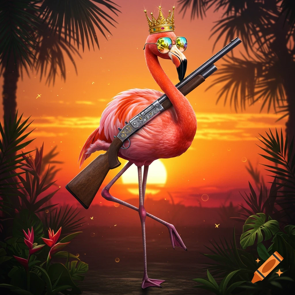 A majestic flamingo wearing a golden crown and sunglasses, carrying a shotgun, stands against a vibrant tropical sunset with palm trees.
