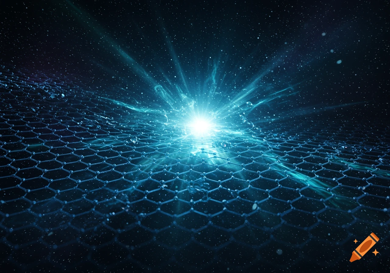 A bright blue energy burst emanates from a glowing hexagonal graphene lattice, set against a dark, starry background.