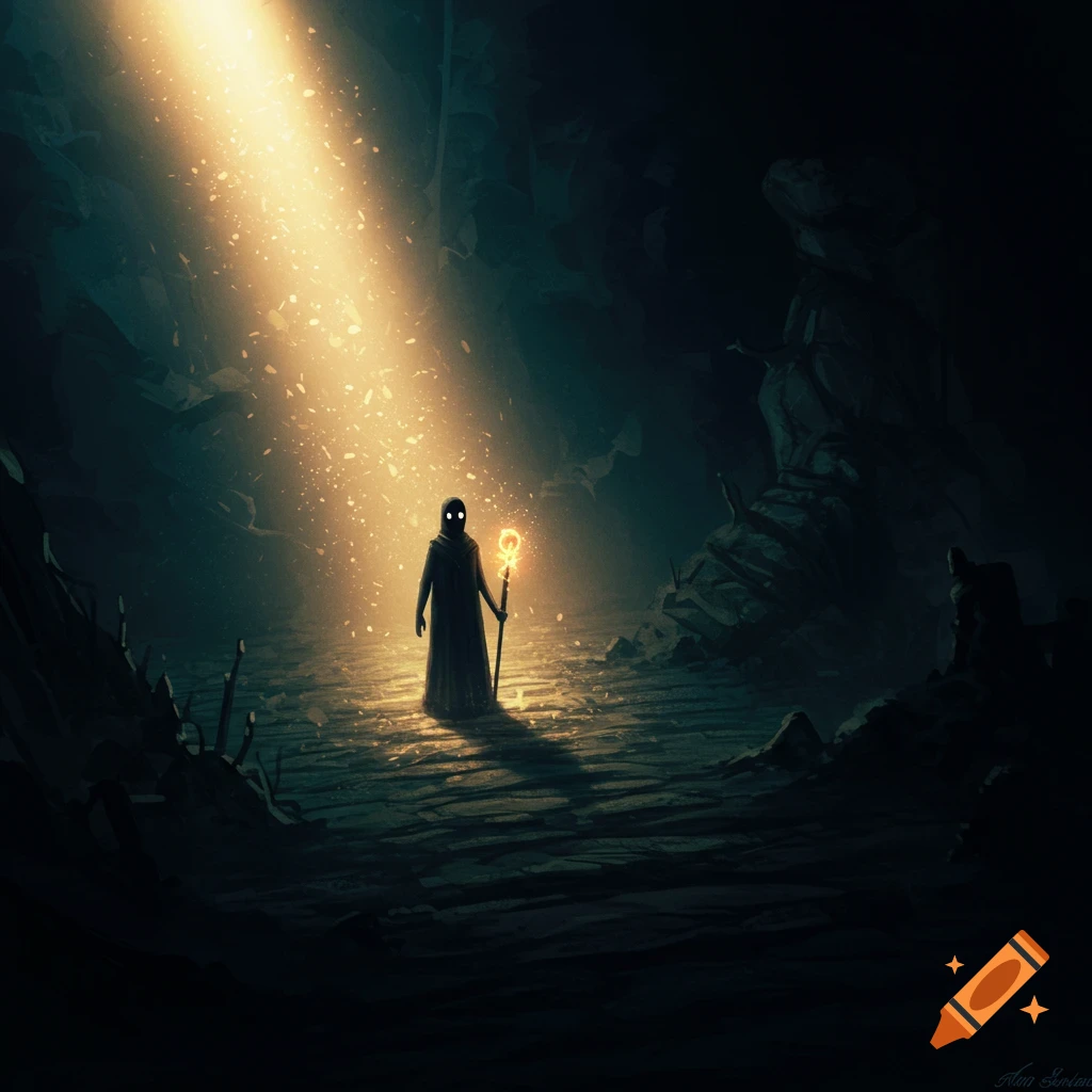 A dark cloaked figure with glowing eyes and a glowing staff stands in a ray of golden light in a dark cave, mystical digital art.