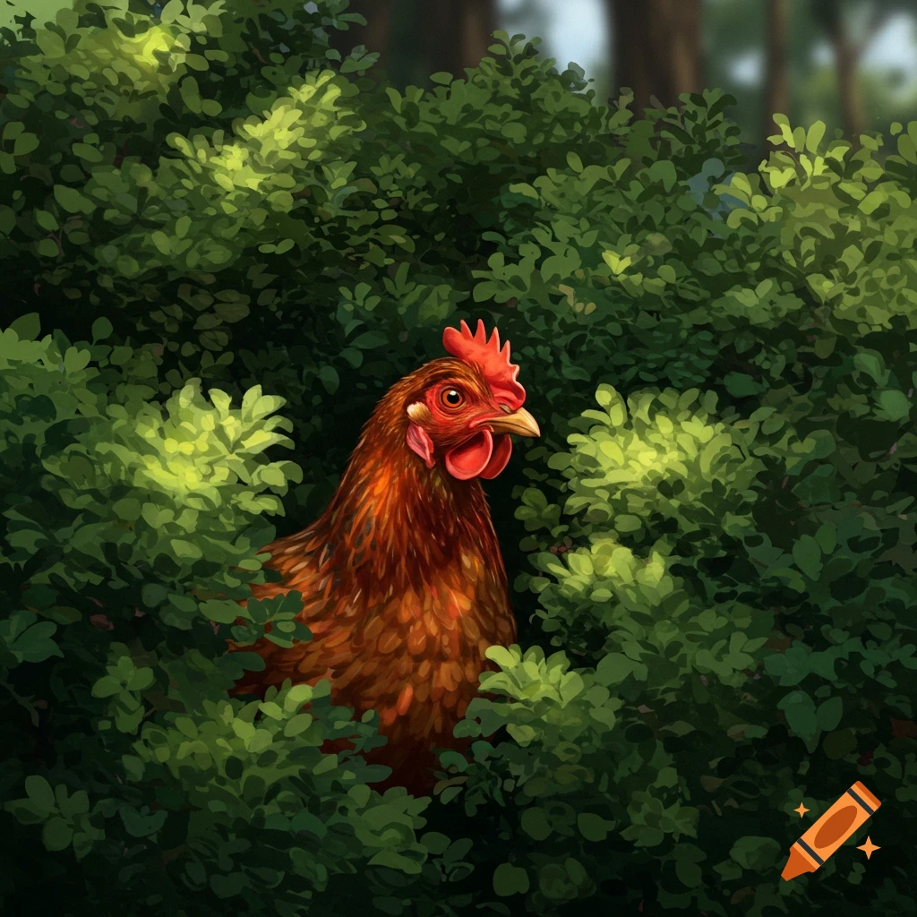 A brown chicken with a bright red comb and wattles peeks from lush green bushes in a painterly style.