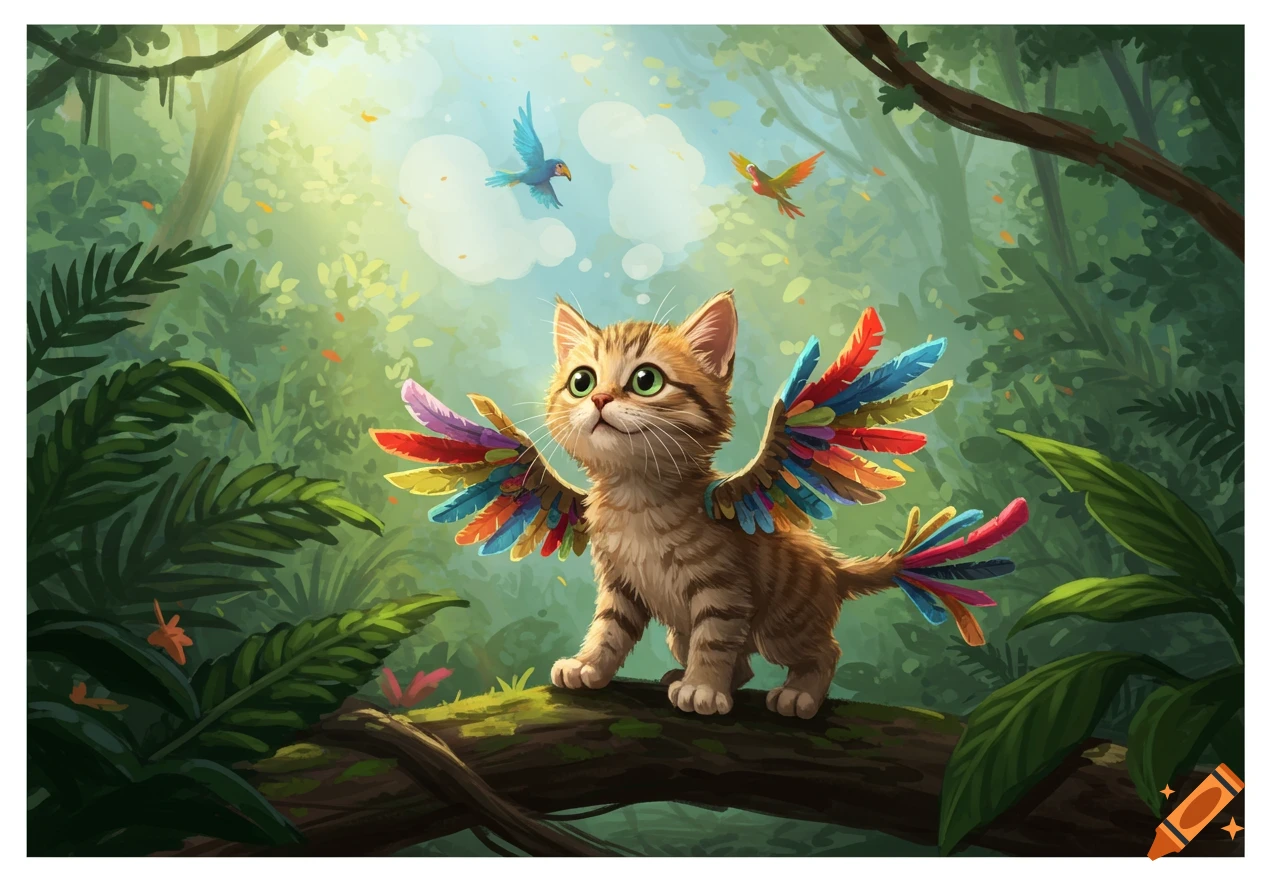 A cute tabby kitten with colorful rainbow wings and tail feathers stands on a log in a sunlit jungle, looking up at two flying birds. Cartoon style.