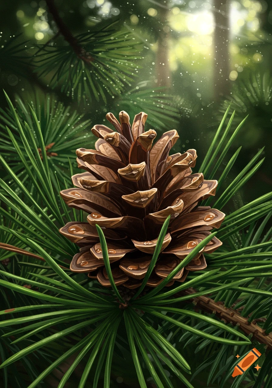 Detailed illustration of a pine cone with water droplets nestled among green pine needles in a sunlit forest.