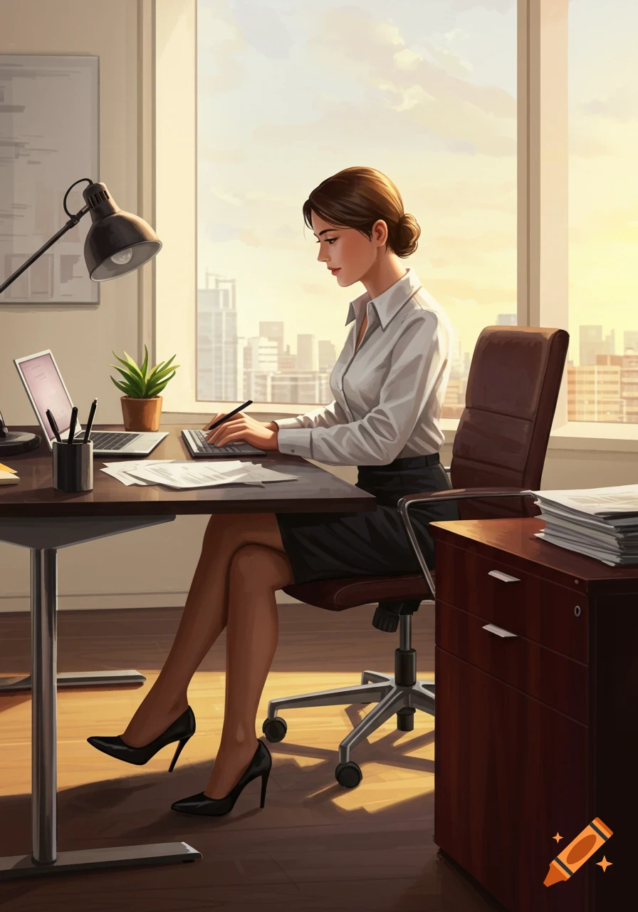 A professional woman in business attire works at an office desk with a laptop and documents, overlooking a city at sunset. Digital art.