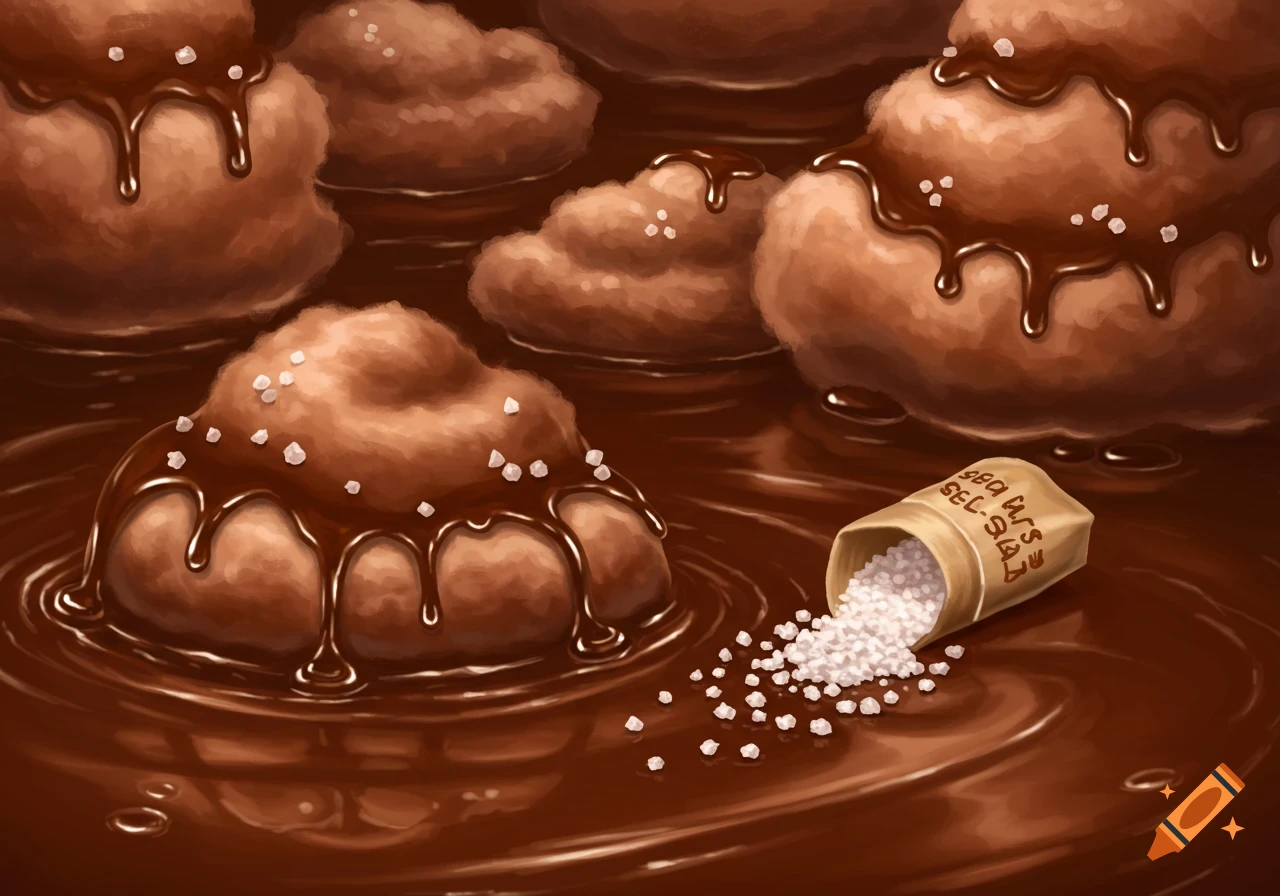Choco clouds covered in melted chocolate and sea salt, with a spilled bag of salt in a pool of chocolate, illustration.