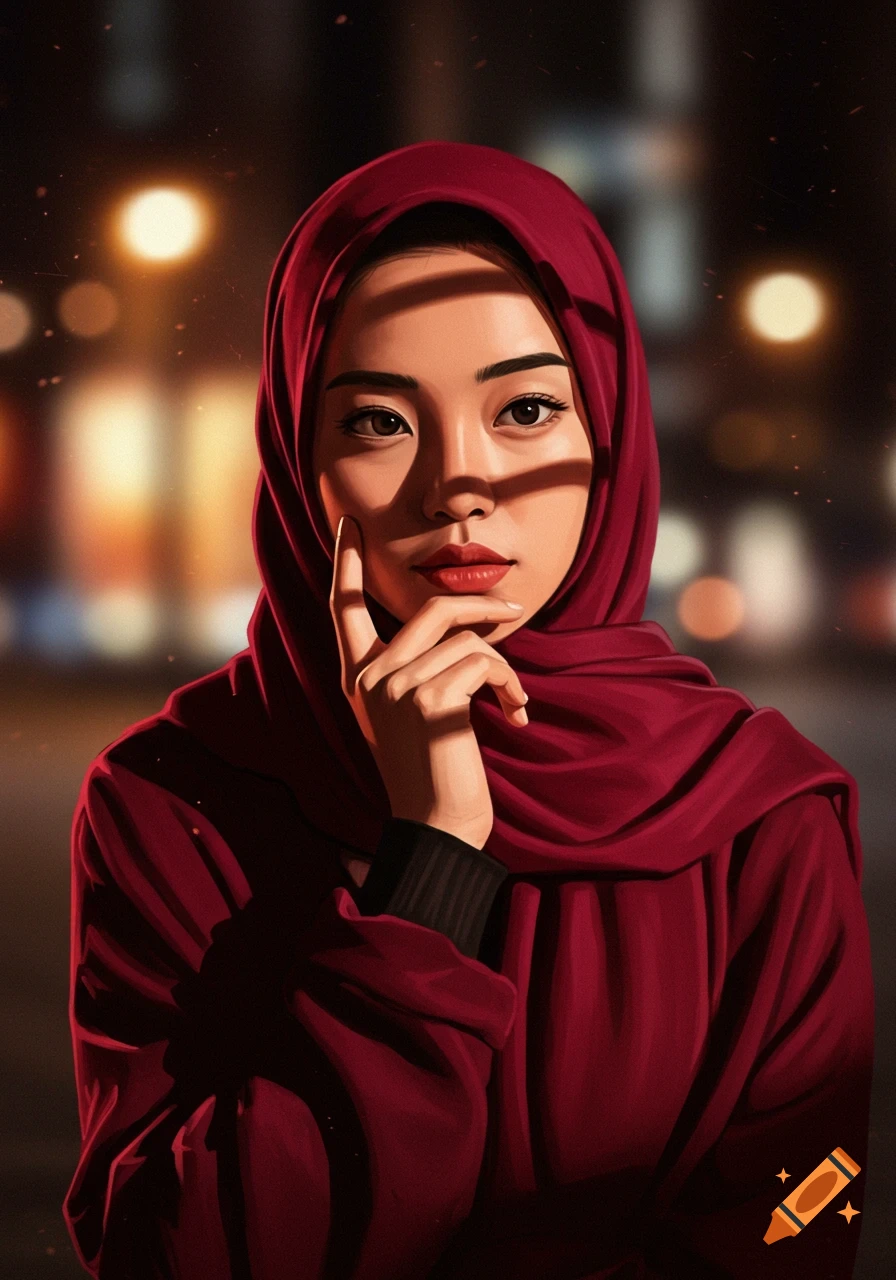 Stylized portrait of a young woman wearing a deep red hijab, posing with her hand on her chin under dramatic night lighting.