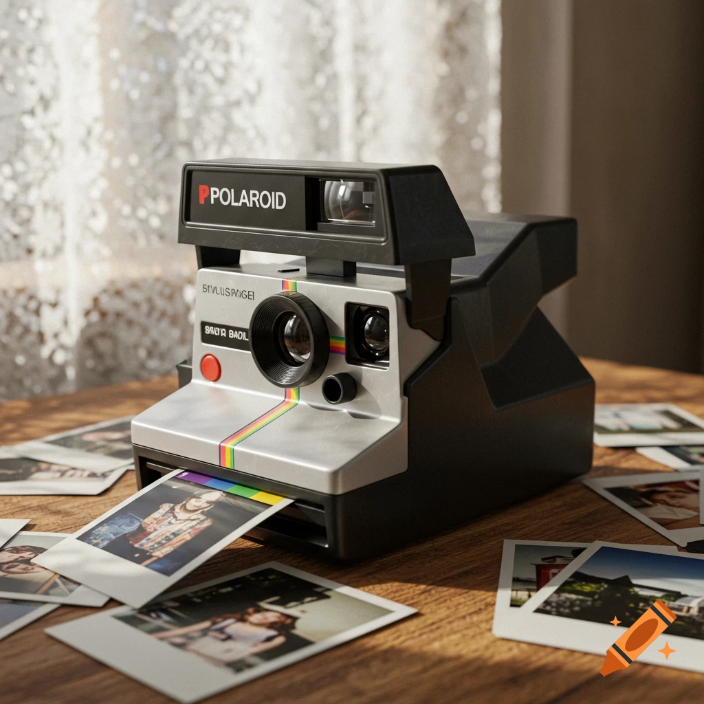A close-up shot of a vintage Polaroid camera on a wooden table, with a photo emerging from its slot and other printed photos scattered around. Photorealistic style.