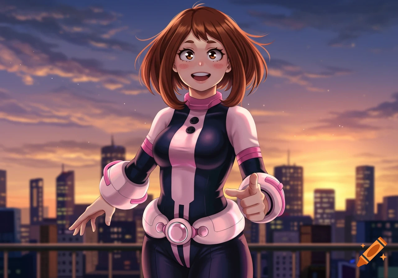 Ochako Uraraka in her hero costume stands on a rooftop against a sunset cityscape, smiling and pointing.