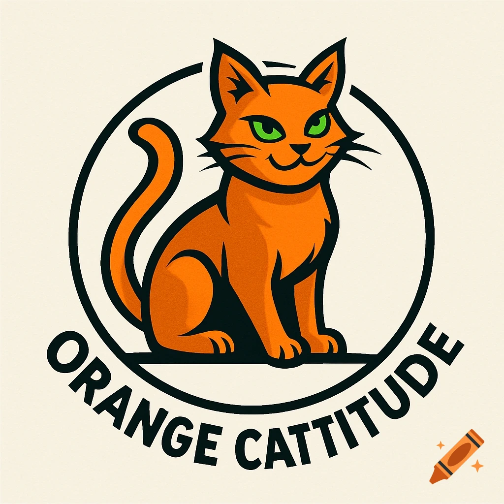 A stylized logo of an orange cat with green eyes, sitting within a black circle, above the text 'Orange Cattitude'.