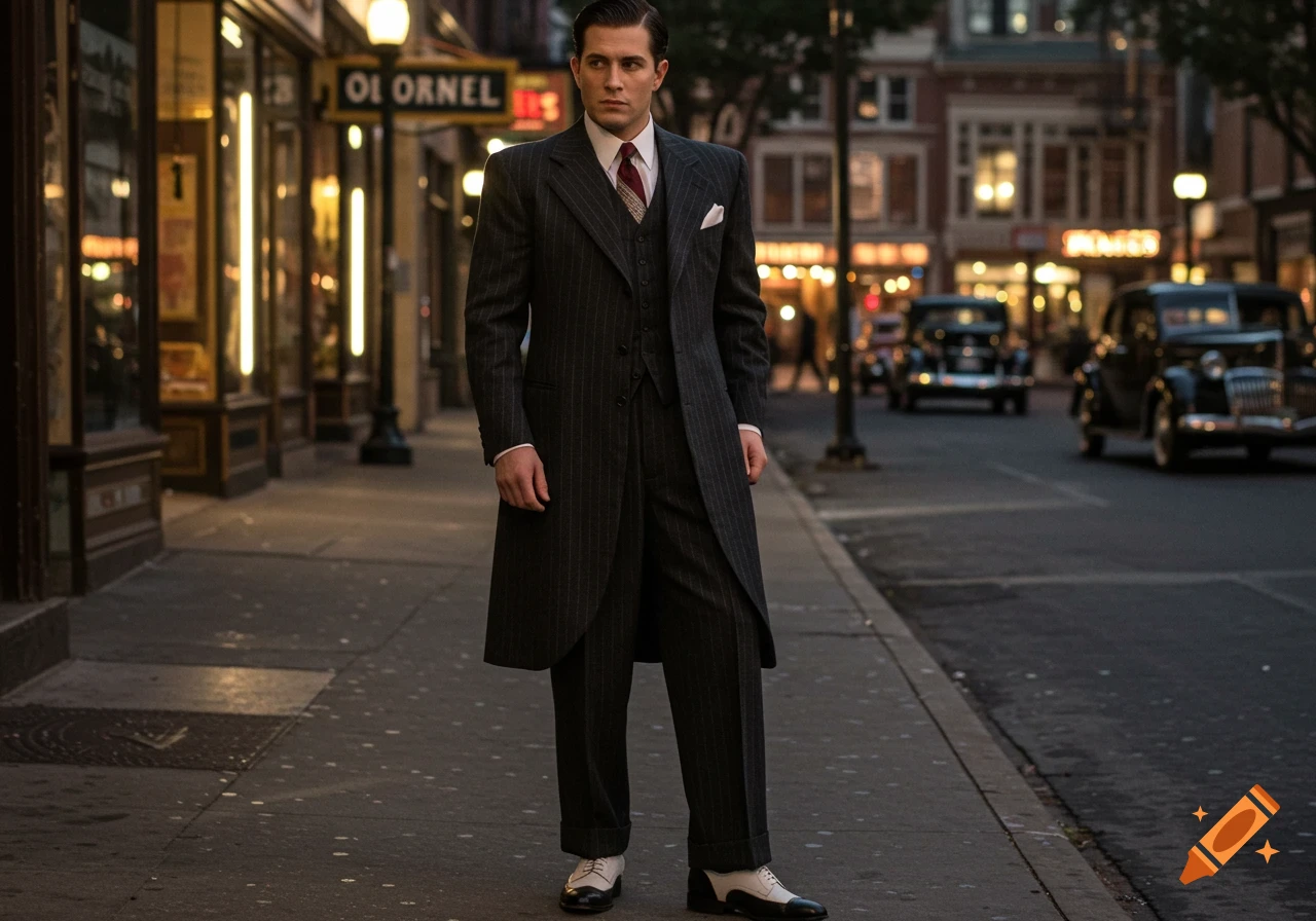 A man in a pinstripe suit and long coat stands on a city street at dusk, with vintage cars and shop lights in the background.
