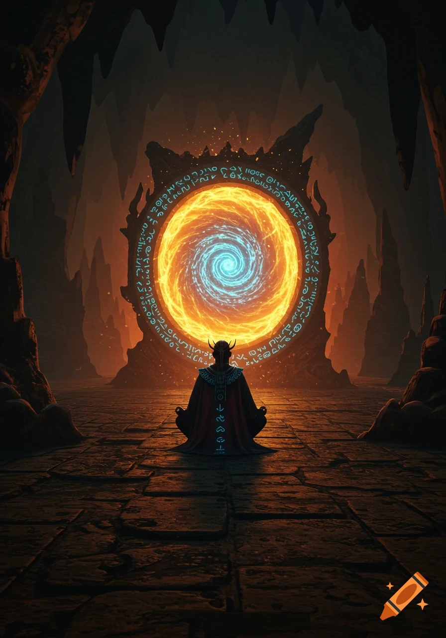 A hooded sorcerer meditates before a large, glowing orange and blue swirling portal adorned with abstract symbols in a dark cavern.