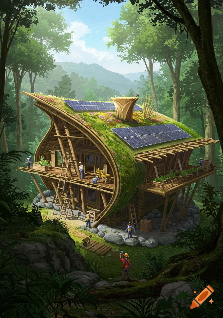 Stylized illustration of an unusual, organic-shaped eco-friendly house under construction in a lush forest, with a green roof and solar panels.
