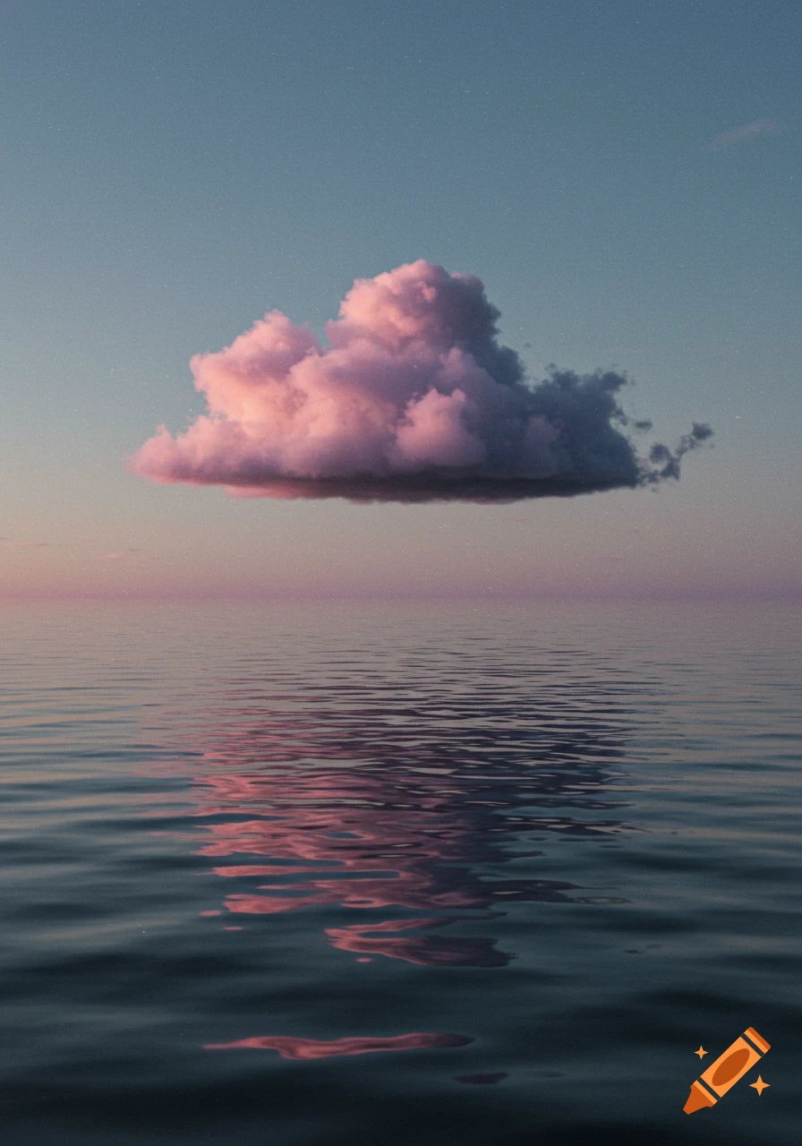 A single fluffy pink cloud floats above calm, dark water with reflections under a soft gradient sky.