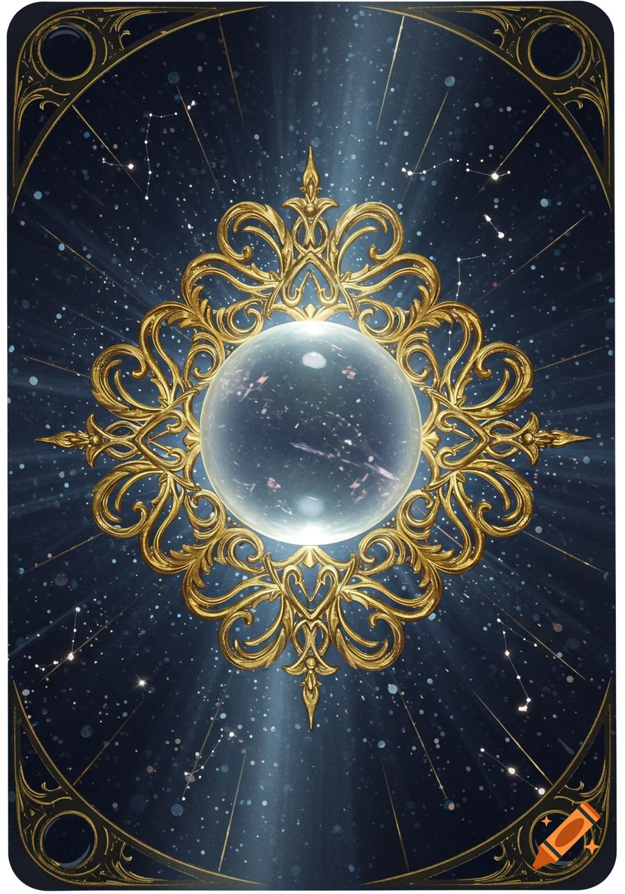 An ornate gold frame with a glowing clear orb in the center, set against a dark blue starry night sky with radiant light beams. The image is designed like a tarot card back.